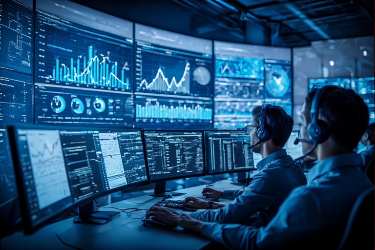 AI contact center speech analytics dashboard showing customer sentiment and call monitoring in Dubai office