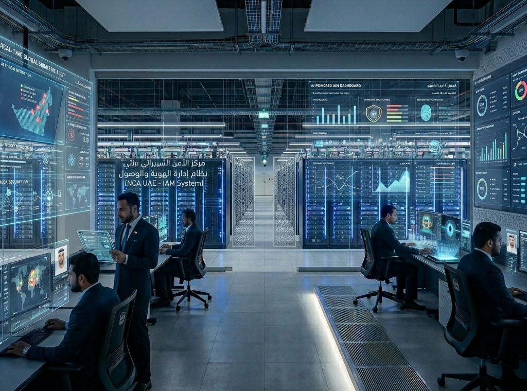 : AI security operations center with IAM dashboards, biometric monitoring, and digital cybersecurity systems in a modern UAE office