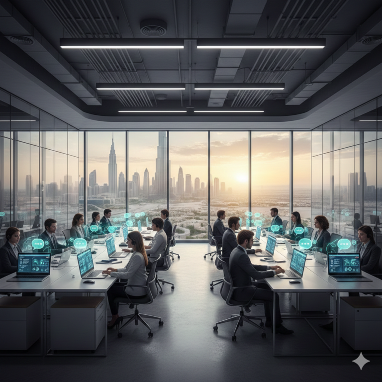 Customer support team using AI chatbot solution in UAE office.