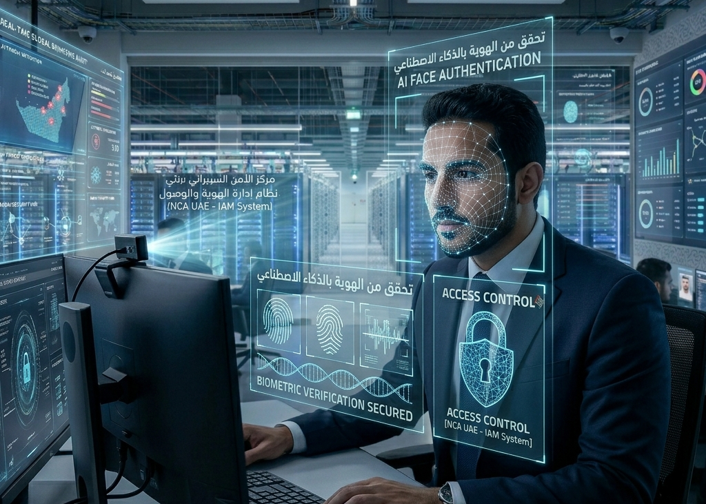 A professional business user securely accessing a cloud-based system using AI-driven biometric authentication with advanced identity verification and digital security overlays.
