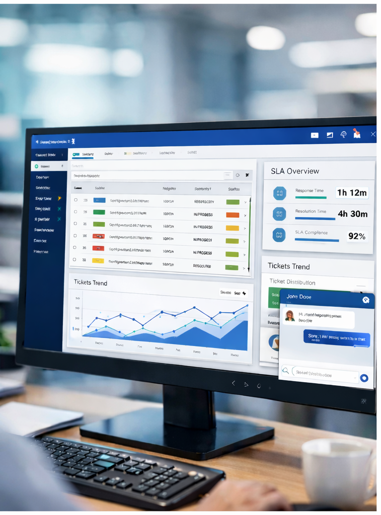 Close-up of helpdesk software interface showing ticket tracking and analytics