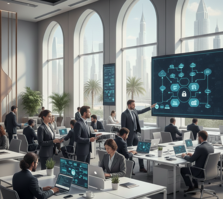 IT team working on Cloud Migration Services Dubai strategy in a modern office