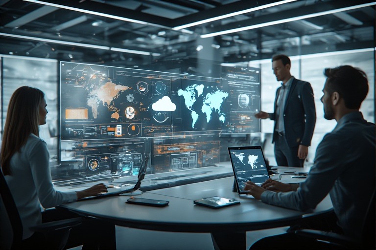Digital transformation workspace showing AI speech analytics and progressive web apps development in Dubai business environment
