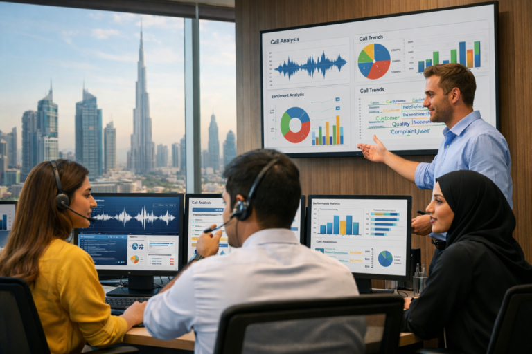 Human-driven voice analytics team analyzing customer call data in UAE office