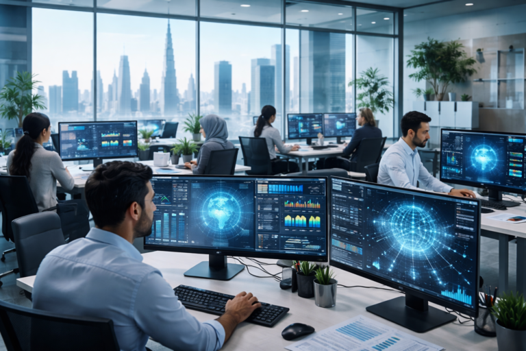 AI professionals working on data analytics and AI dashboards in a modern Dubai office.