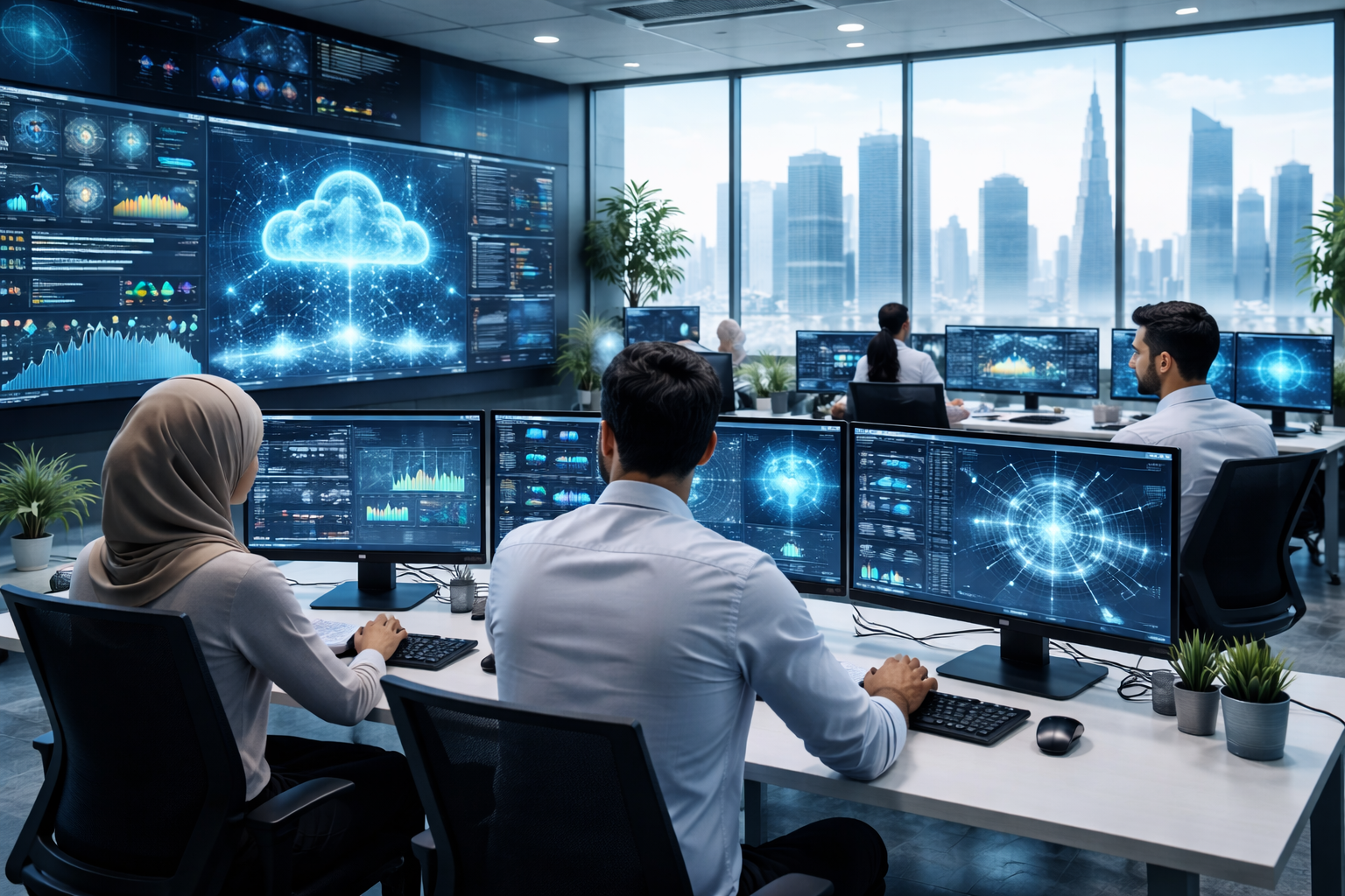 AI professionals monitoring cloud AI systems and analytics in a UAE office with Dubai skyline.