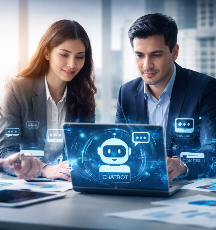 Business team using AI chatbot technology for customer engagement and automation in UAE.