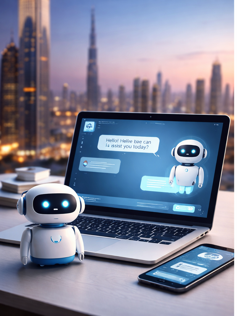 Chatbot Company Dubai AI interface on laptop and mobile device for business communication