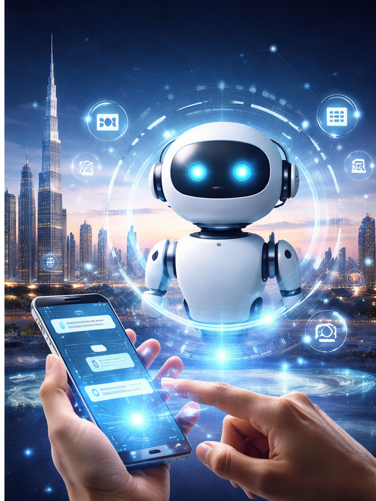 Chatbot Company UAE AI robot interacting with users on mobile devices in a futuristic environment