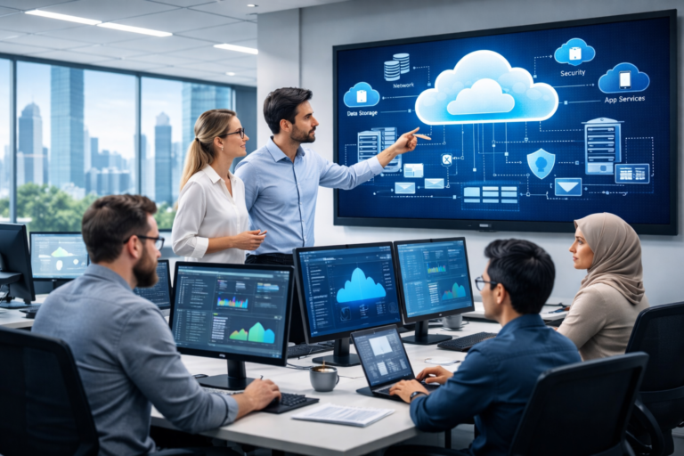 Corporate team discussing Cloud Infrastructure Services UAE strategy in a modern office with laptops and a large screen.