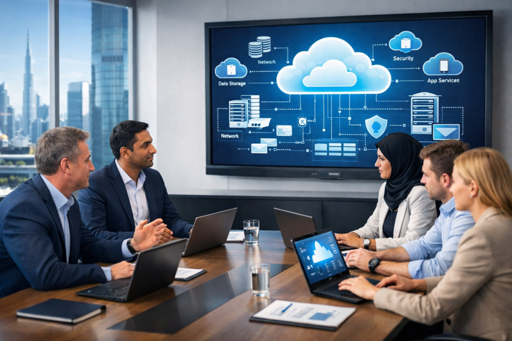 Corporate team discussing Cloud Infrastructure Services UAE strategy in a modern office with laptops and a large screen.