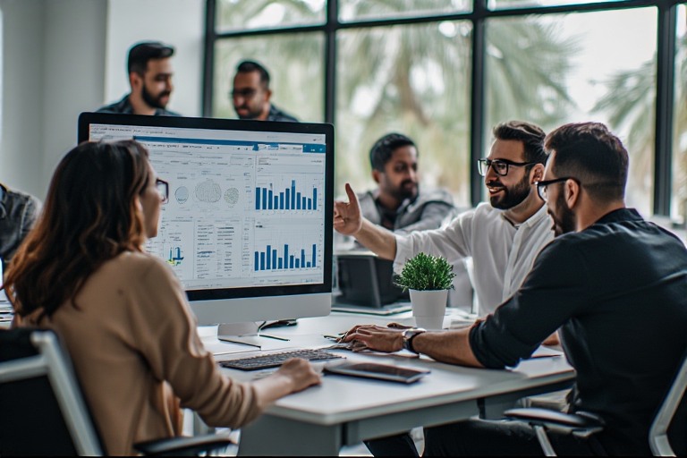 Team analyzing CRM marketing automation dashboard in a modern UAE office