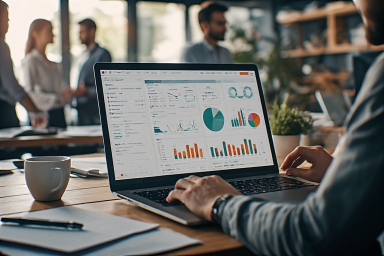 Business professional using CRM automation system on laptop in Dubai office