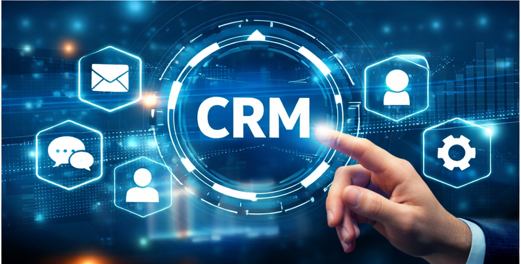 Mobile interface representing customer engagement software with digital communication icons.